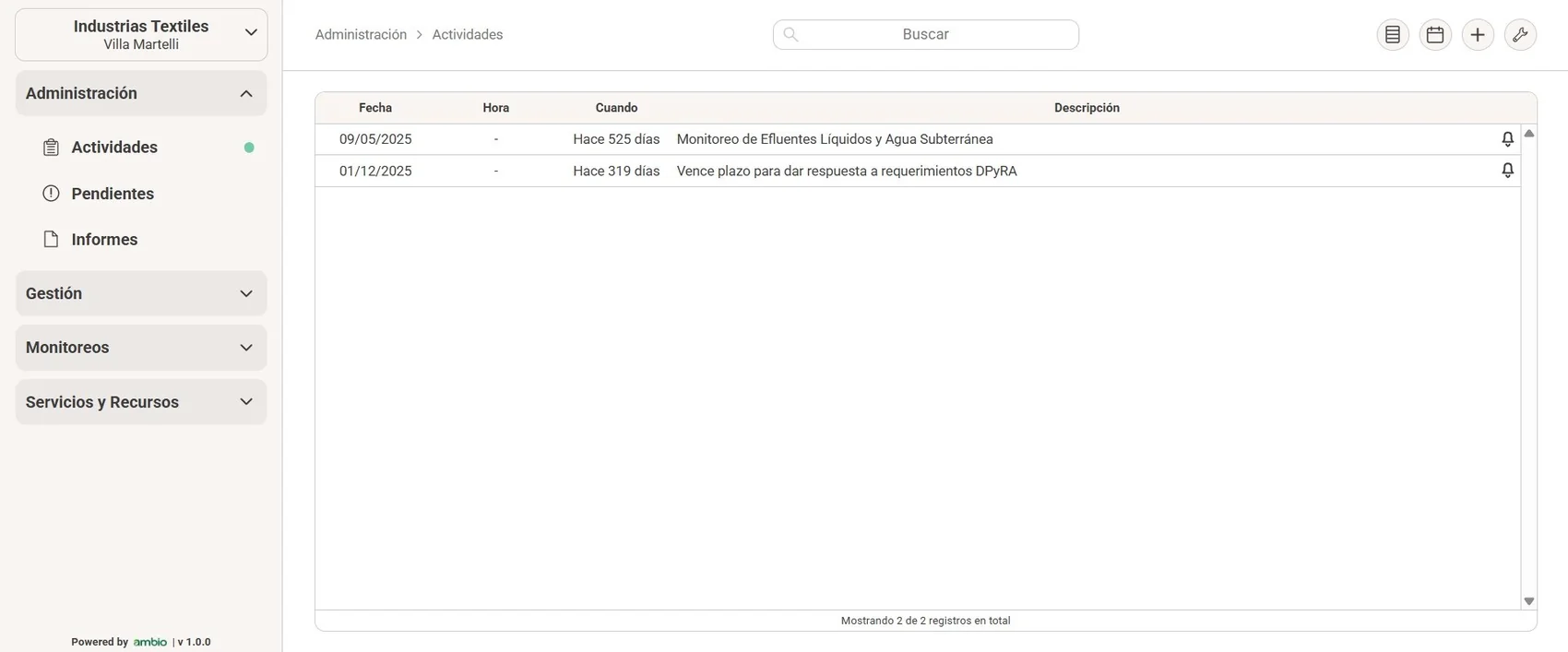 Módulo de actividades de Ambio