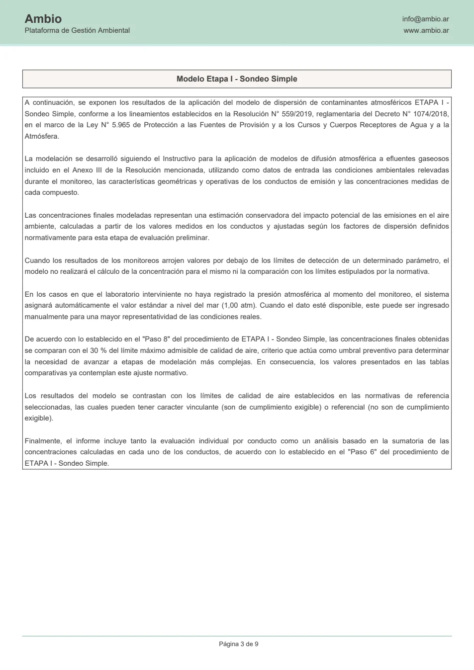 Vista previa de informe de monitoreo de emisiones gaseosas